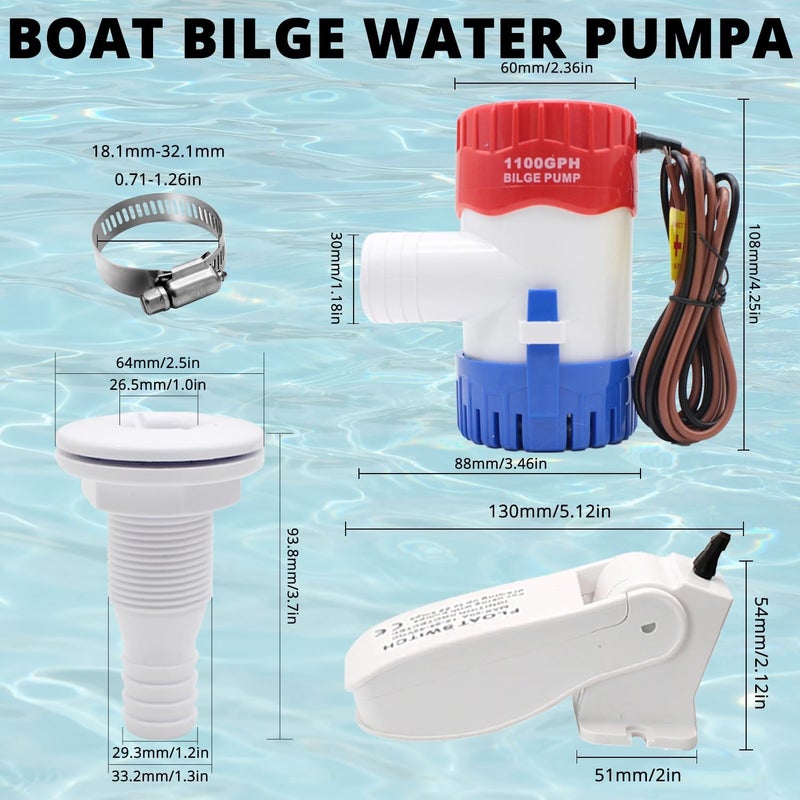 creatorele Bilge Pump Kit For Boats 12v, 1100 GPH Non-Automatic Pump Float Switch 12v 24 V 32 V with 1-1/8 Inch Plumbing Kit, Including Hose, Clamps, Thru Hull Connectors for Boats - Image 3